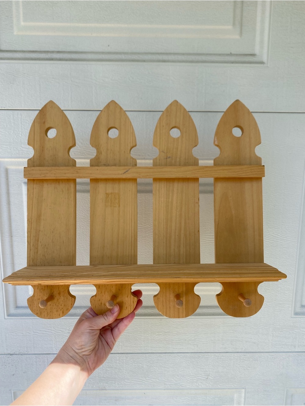 Natural Wood Wall Shelf with Hooks / Peg Rack